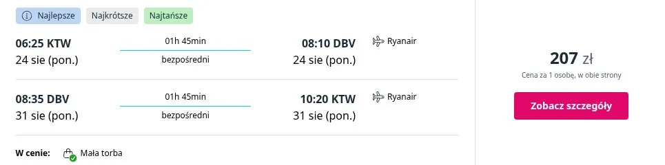 Lot Katowice - Dubrownik, termin 24 sie 2026 - 31 sie 2026, cena od 190 zł za osobę