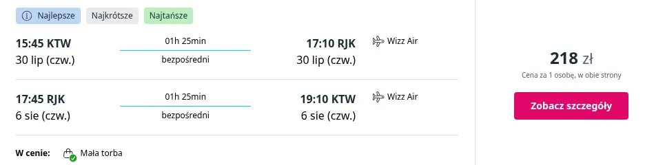 Lot Katowice - Rijeka, termin 30 lip 2026 - 6 sie 2026, cena od 218 zł za osobę