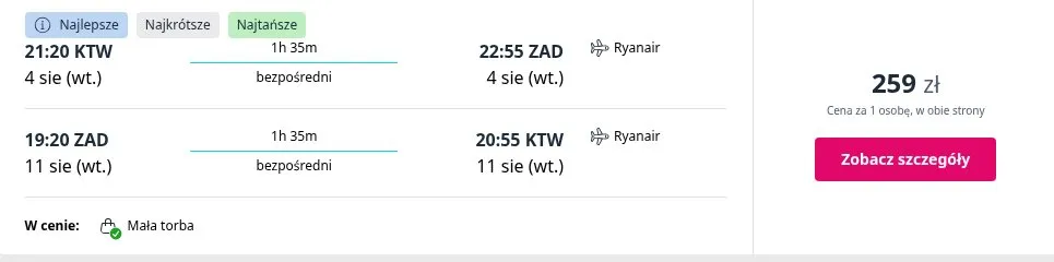 Lot Katowice - Zadar, termin 4 sie 2026 - 11 sie 2026, cena od 259 zł za osobę