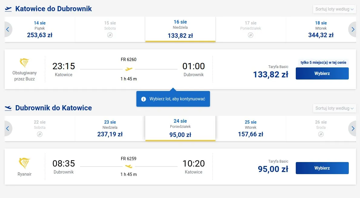Screenshot ceny bezpośrednio z Ryanair.com: Katowice - Dubrownik, termin 16 sie 2026 - 24 sie 2026