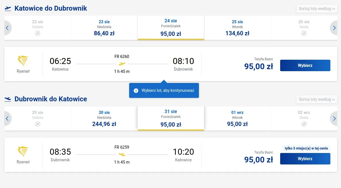 Screenshot ceny bezpośrednio z Ryanair.com: Katowice - Dubrownik, termin 24 sie 2026 - 31 sie 2026