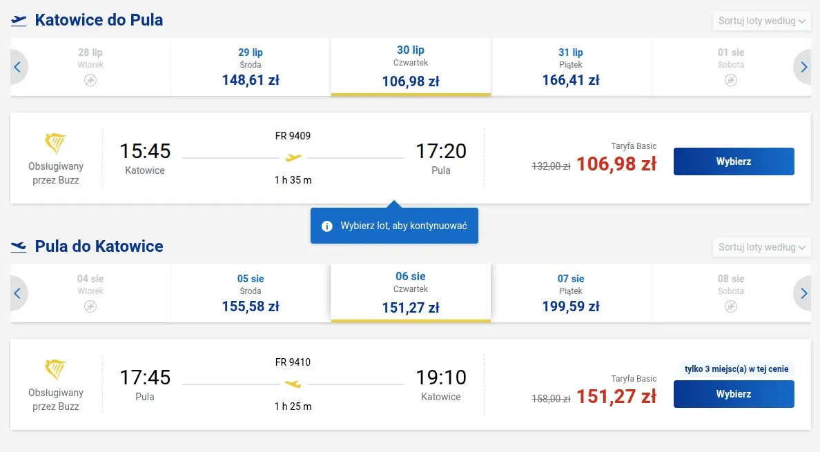 Screenshot ceny bezpośrednio z Ryanair.com: Katowice - Pula, termin 30 lip 2026 - 6 sie 2026
