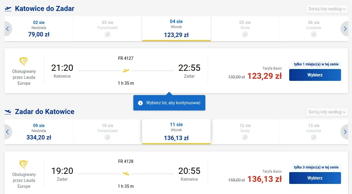 Screenshot ceny bezpośrednio z Ryanair.com: Katowice - Zadar, termin 4 sie 2026 - 11 sie 2026