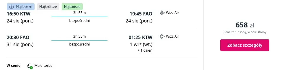 Lot Katowice - Faro, termin 24 sie 2026 - 31 sie 2026, cena od 698 zł za osobę