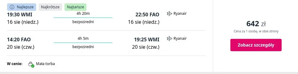Lot Warszawa-Modlin - Faro, termin 16 sie 2026 - 20 sie 2026, cena od 642 zł za osobę