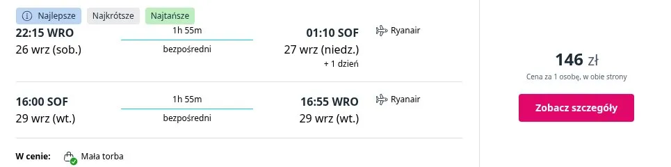 Lot Wrocław - Sofia, termin 26 wrz 2026 - 29 wrz 2026, cena od 142 zł za osobę