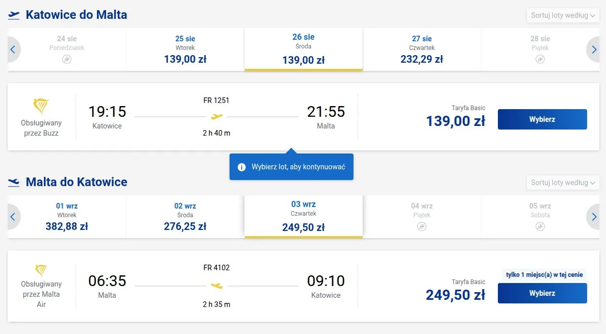 Screenshot ceny bezpośrednio z Ryanair.com: Katowice - Malta, termin 26 sie 2026 - 3 wrz 2026
