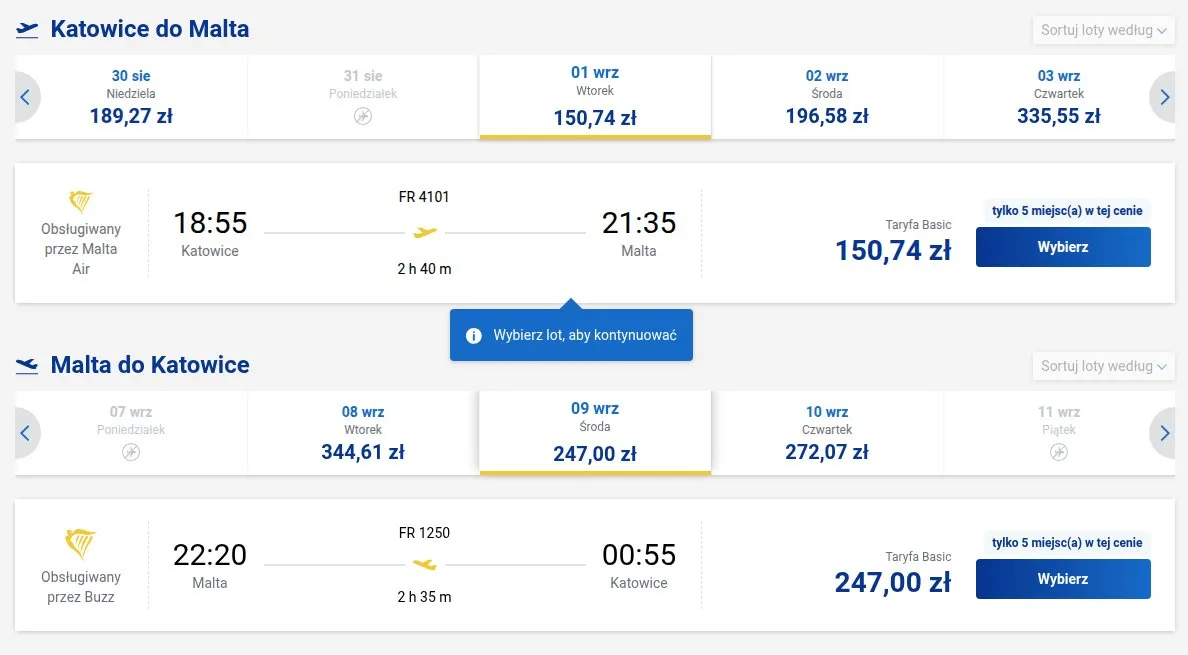 Screenshot ceny bezpośrednio z Ryanair.com: Katowice - Malta, termin 1 wrz 2026 - 9 wrz 2026