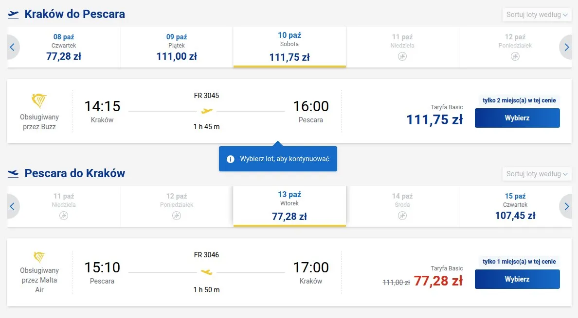 Screenshot ceny bezpośrednio z Ryanair.com: Kraków - Pescara, termin 10 paź 2026 - 13 paź 2026