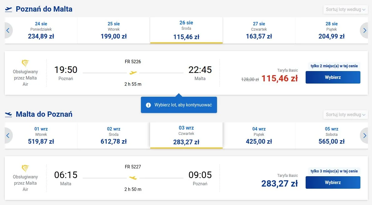 Screenshot ceny bezpośrednio z Ryanair.com: Poznań - Malta, termin 26 sie 2026 - 3 wrz 2026