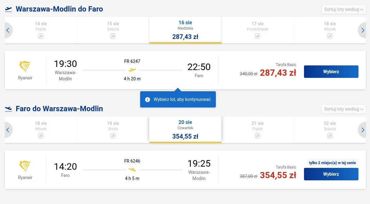 Screenshot ceny bezpośrednio z Ryanair.com: Warszawa-Modlin - Faro, termin 16 sie 2026 - 20 sie 2026