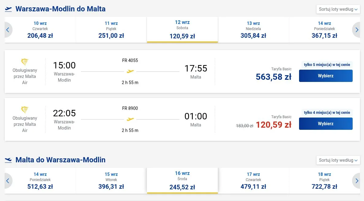 Screenshot ceny bezpośrednio z Ryanair.com: Warszawa-Modlin - Malta, termin 12 wrz 2026 - 16 wrz 2026