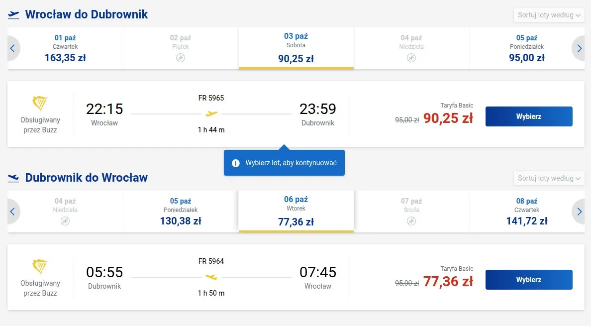 Screenshot ceny bezpośrednio z Ryanair.com: Wrocław - Dubrownik, termin 3 paź 2026 - 6 paź 2026