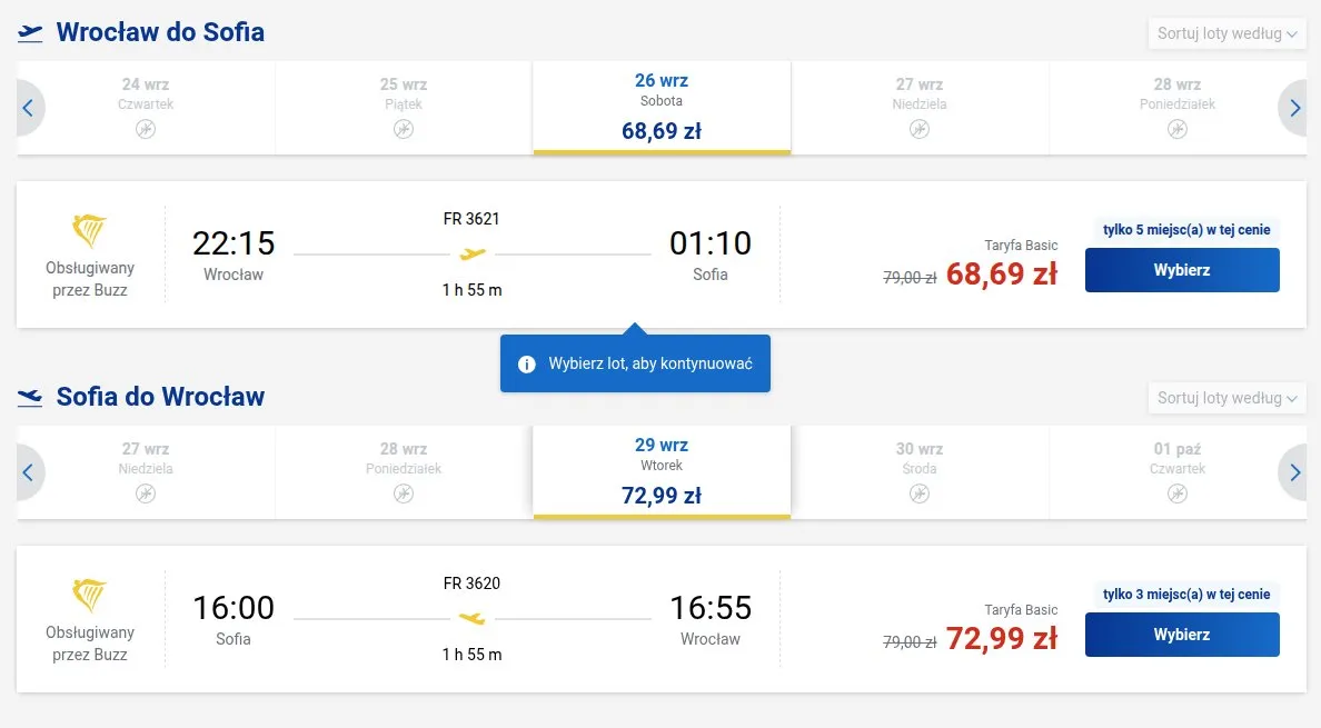 Screenshot ceny bezpośrednio z Ryanair.com: Wrocław - Sofia, termin 26 wrz 2026 - 29 wrz 2026