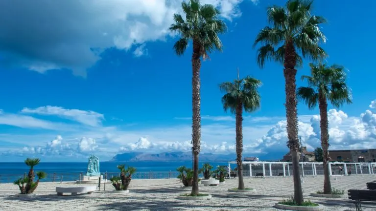 Zachwycający widok palm wzdłuż wybrzeża w Castellammare del Golfo, Sycylia.